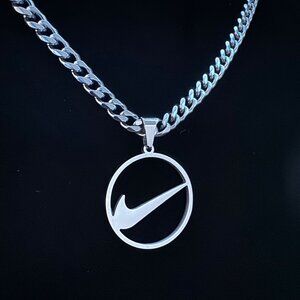 Nike Swoosh Necklace - Silver Plated - 5mm Cuban - 22" Chain - Easter Gift